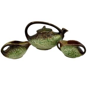 Vintage 1940's MCM Signed McCoy Daisy Tea Teapot Creamer & Sugar Pottery Set